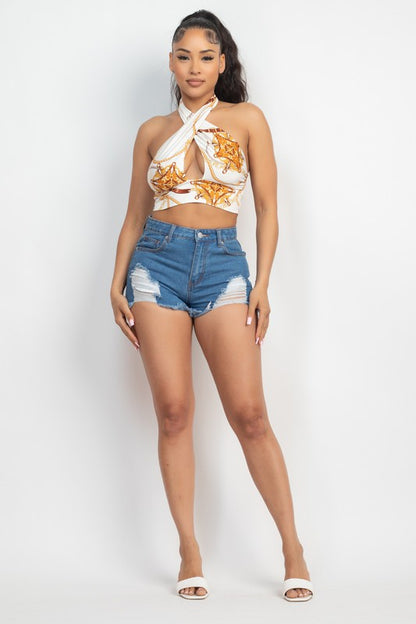 Halter Neck Cut-Out Printed Top - White