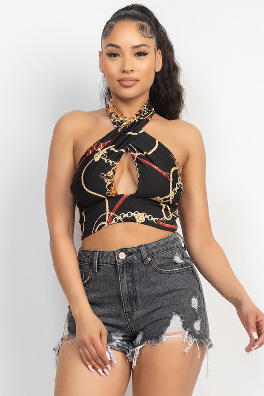 Halter Neck Cut-Out Printed Top - Black