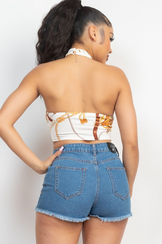 Halter Neck Cut-Out Printed Top - White - Back View