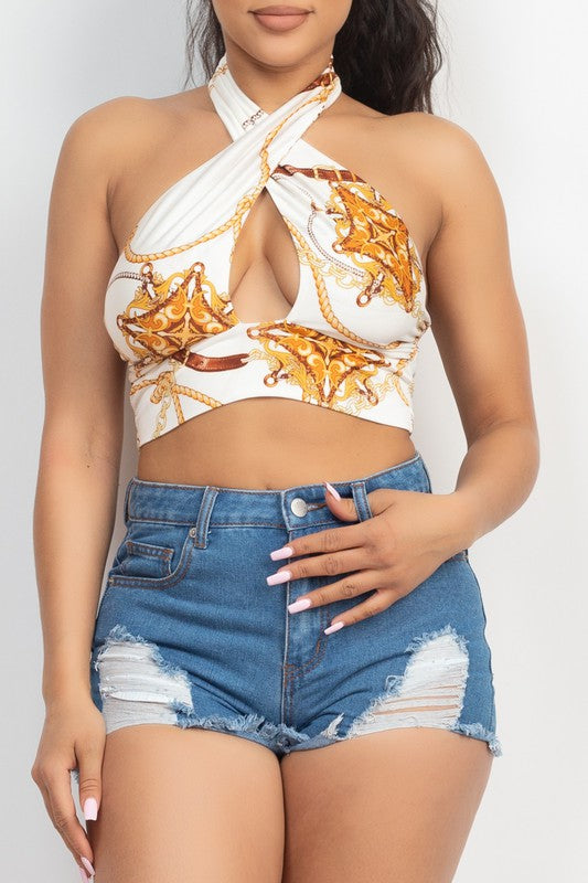 Halter Neck Cut-Out Printed Top - White