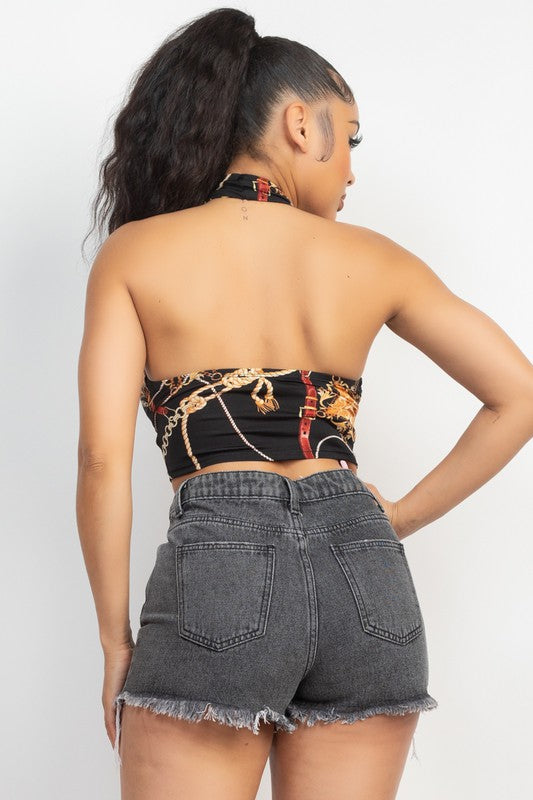 Halter Neck Cut-Out Printed Top - Black - Back View