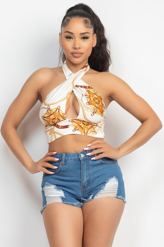 Halter Neck Cut-Out Printed Top - White
