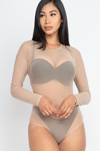 Mesh Shirt Sheer Blouse Long Sleeves Bodysuit - Khaki