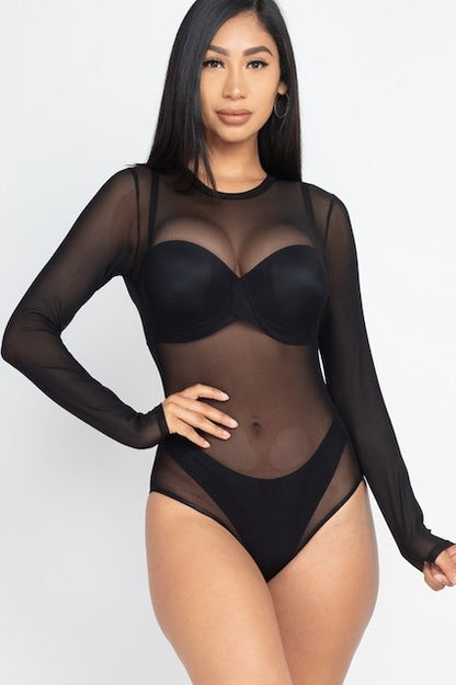 Mesh Shirt Sheer Blouse Long Sleeves Bodysuit - Black