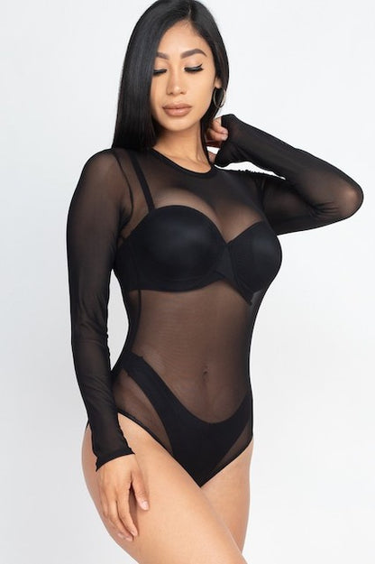 Mesh Shirt Sheer Blouse Long Sleeves Bodysuit - Black