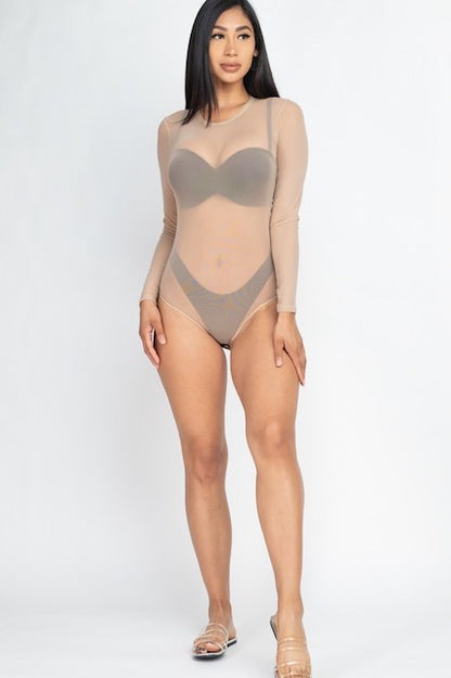 Mesh Shirt Sheer Blouse Long Sleeves Bodysuit - Khaki
