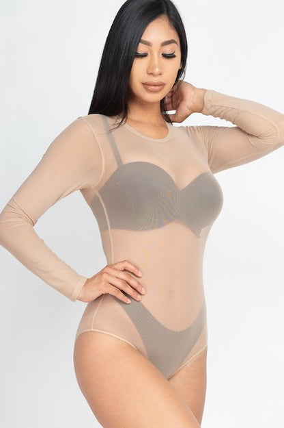 Mesh Shirt Sheer Blouse Long Sleeves Bodysuit - Khaki