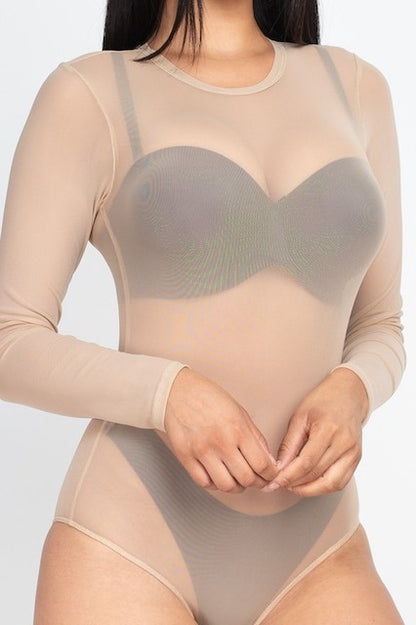 Mesh Shirt Sheer Blouse Long Sleeves Bodysuit - Khaki
