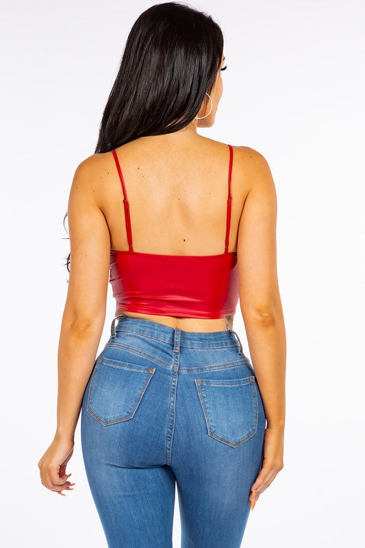 Tie Front Pu Crop Top - Red - Back View