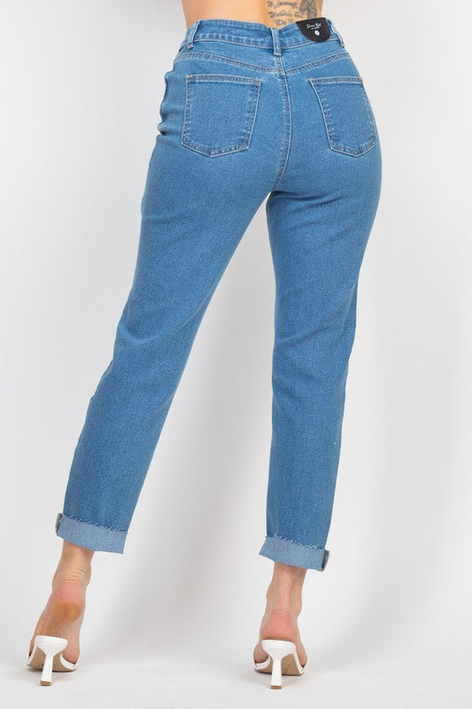 Denim Raw-Cut Rolled Mom Jeans - Blue - Back View