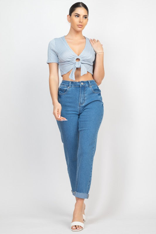 Denim Raw-Cut Rolled Mom Jeans - Blue