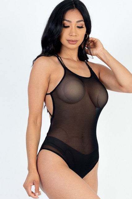 Poly Mesh Crisscross Backless Bodysuit - Black