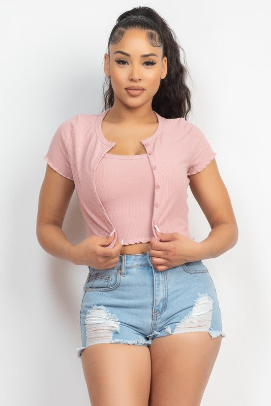 Solid Sleeveless Top with Crop Cardigan Set - Pink