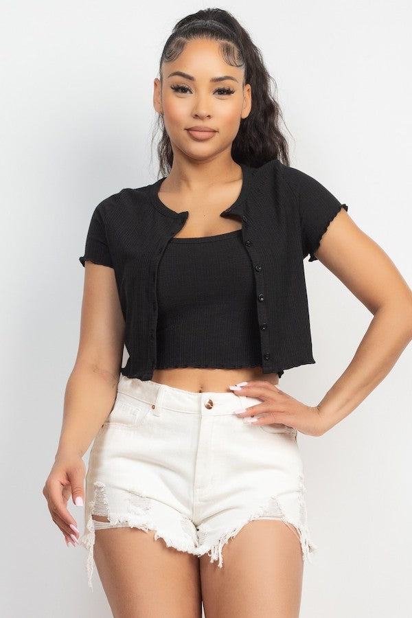 Solid Sleeveless Top with Crop Cardigan Set - Black