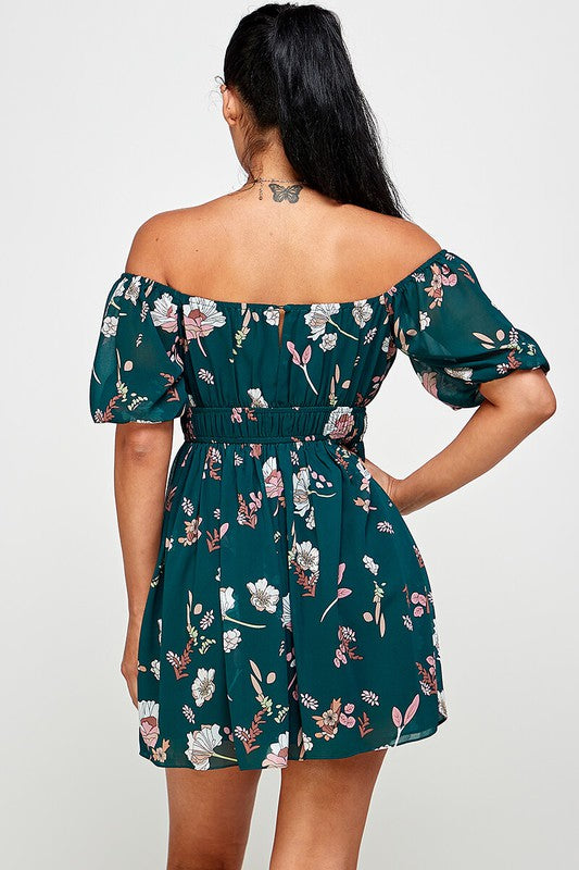 Floral Balloon Puff Front Tie Sleeve Dress - Green - Back View