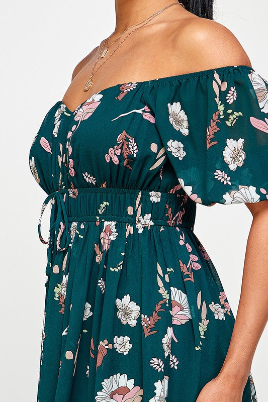 Floral Balloon Puff Front Tie Sleeve Dress - Green - Close Up