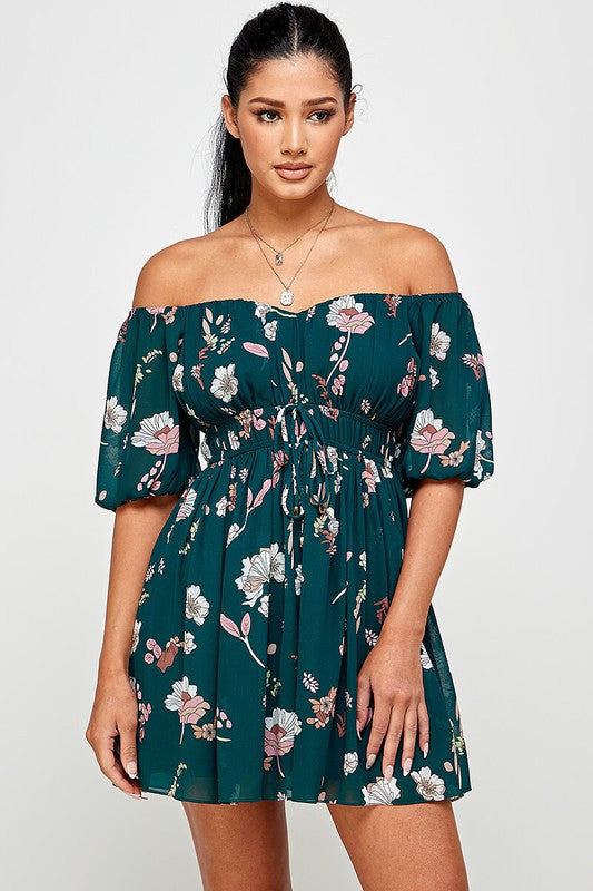 Floral Balloon Puff Front Tie Sleeve Dress - Green