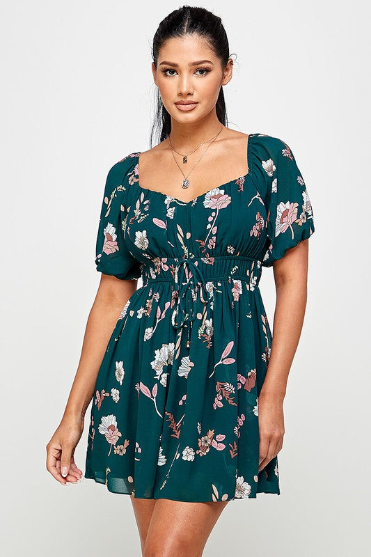 Floral Balloon Puff Front Tie Sleeve Dress - Green