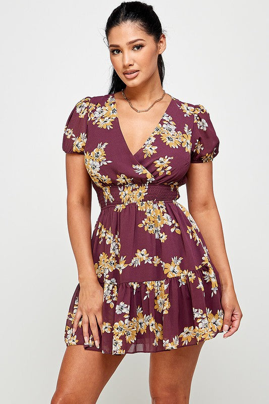Floral Nipped In Frill Trim Short Sleeve Dress - Red Bean