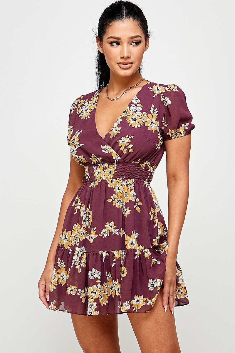 Floral Nipped In Frill Trim Short Sleeve Dress - Red Bean