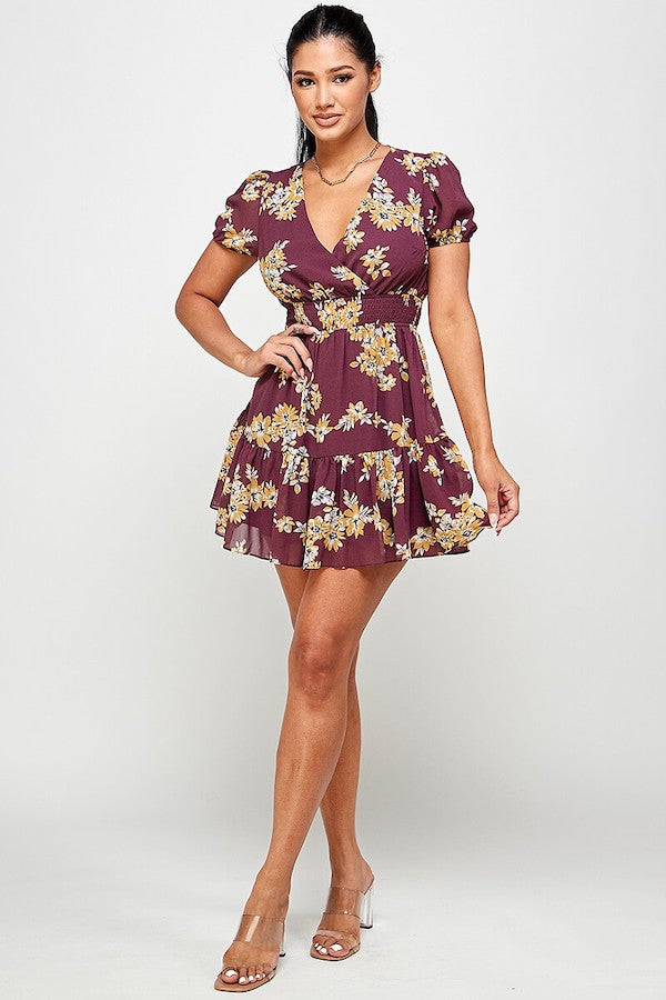 Floral Nipped In Frill Trim Short Sleeve Dress - Red Bean