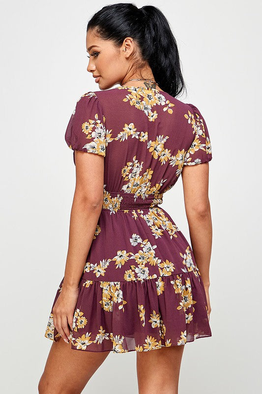 Floral Nipped In Frill Trim Short Sleeve Dress - Red Bean - Back View