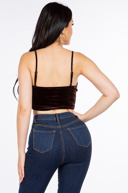 Sleeveless Velvet Crop Top With Twist Knot Detail - Dark Brown - Back View