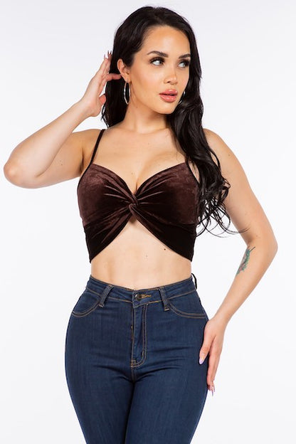 Sleeveless Velvet Crop Top With Twist Knot Detail - Dark Brown