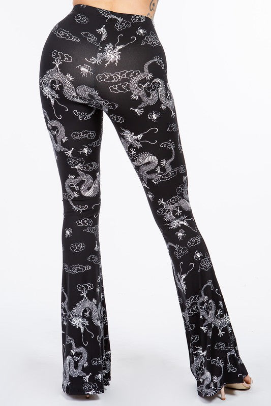 Dragon Print Flared Pants - Black - Back View