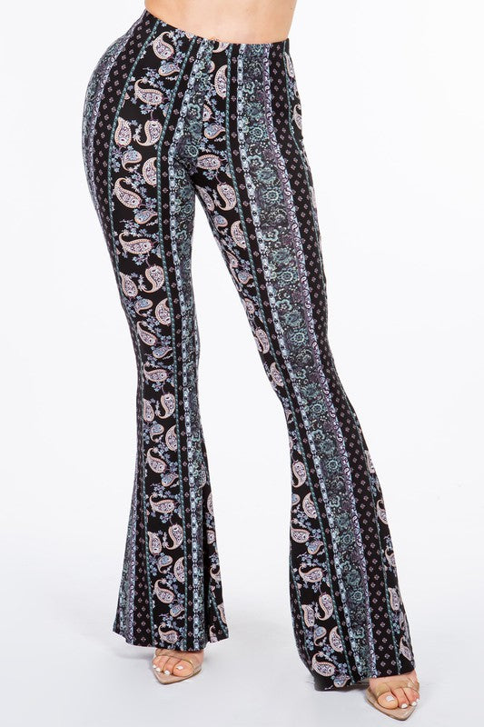 Boho Bandana Floral Printed Flared Pants - Blue