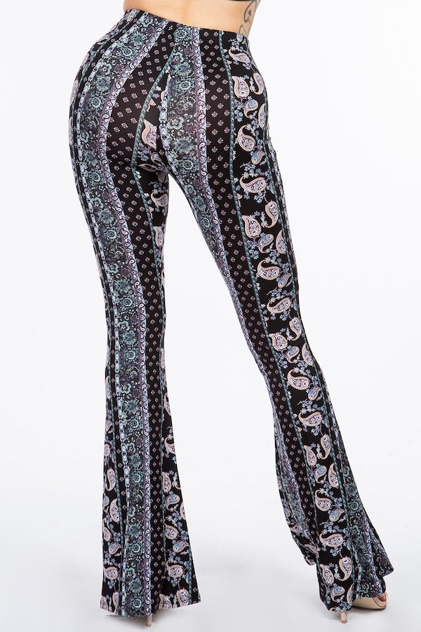 Boho Bandana Floral Printed Flared Pants - Blue - Back View