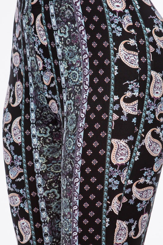 Boho Bandana Floral Printed Flared Pants - Blue - Close Up