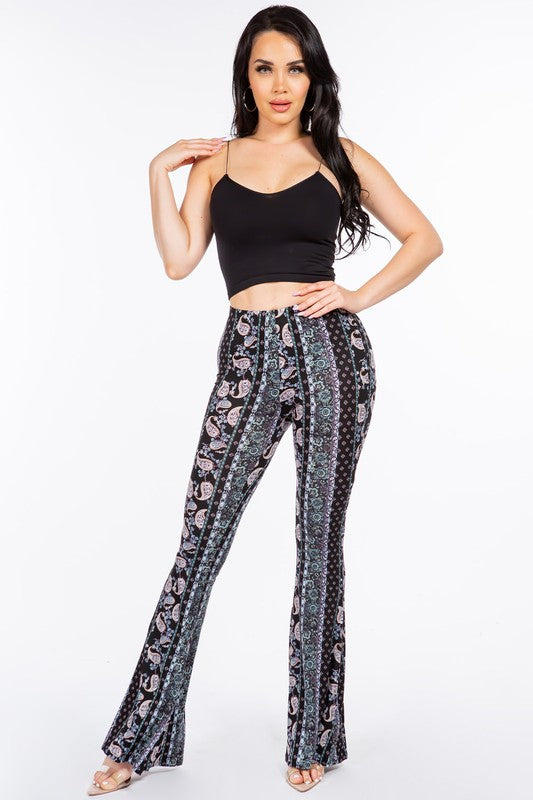 Boho Bandana Floral Printed Flared Pants - Blue