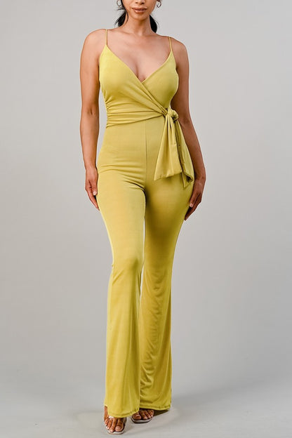 Violeta V-Neck Wide Leg Jumpsuit with Tied Waist - Olive
