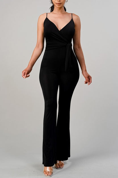 Violeta V-Neck Wide Leg Jumpsuit with Tied Waist - Black