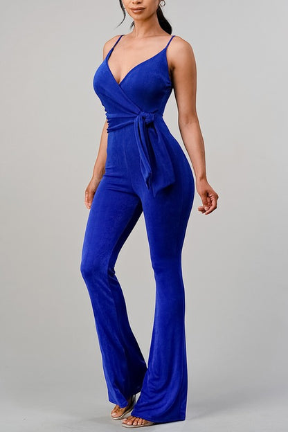 Violeta V-Neck Wide Leg Jumpsuit with Tied Waist - Blue