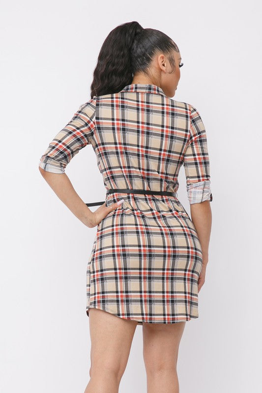 back of Plaid With Belted Button Down Shirt Dress
