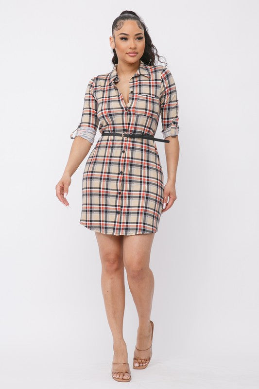 Plaid With Belted Button Down Shirt Dress