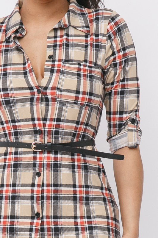 close up of Plaid With Belted Button Down Shirt Dress