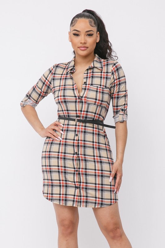 Plaid With Belted Button Down Shirt Dress