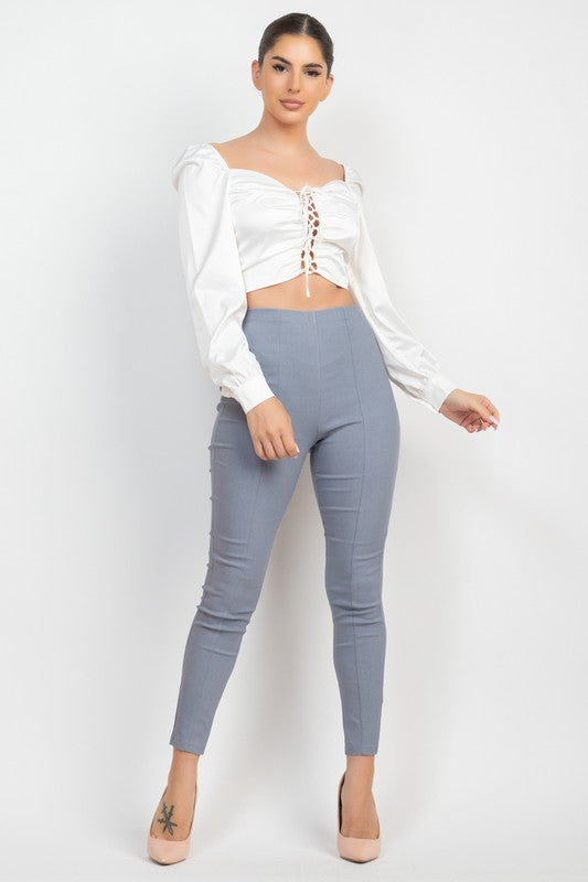 High Rise Solid Skinny Full Pants - Blue