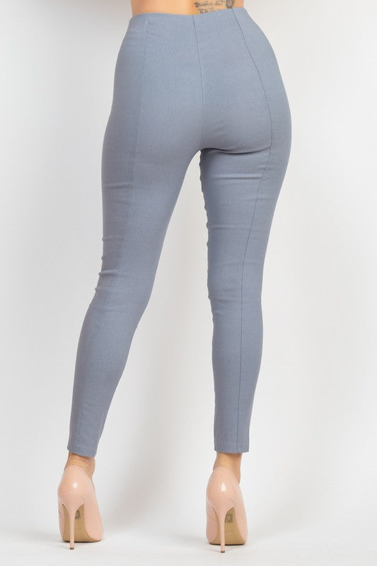 High Rise Solid Skinny Full Pants - Blue - Back View