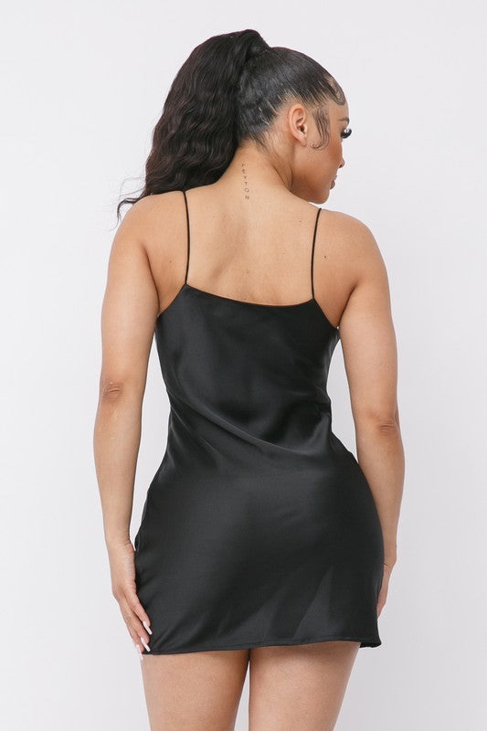 back of Satin Cowl Neck Spaghetti Strap Bodycon Mini Dress in black color
