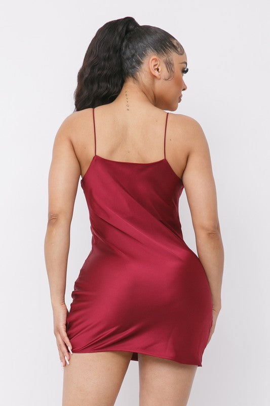 back of Satin Cowl Neck Spaghetti Strap Bodycon Mini Dress in red color
