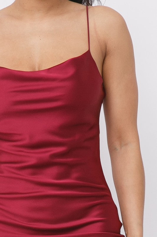 close up of Satin Cowl Neck Spaghetti Strap Bodycon Mini Dress in red color