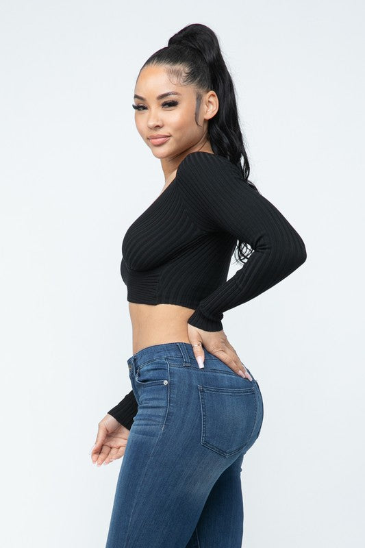 Long Sleeve Surplice Crop Top - Black