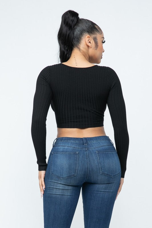 Long Sleeve Surplice Crop Top - Black - Back View