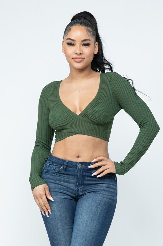 Long Sleeve Surplice Crop Top - Olive