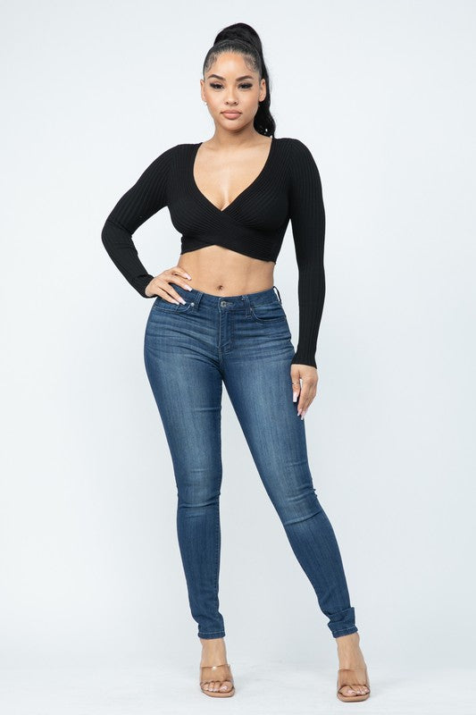 Long Sleeve Surplice Crop Top - Black