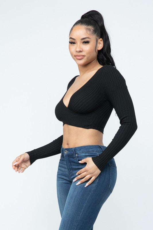 Long Sleeve Surplice Crop Top - Black